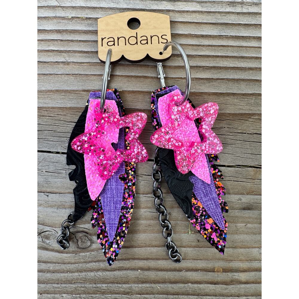 Randans Pink Glitter Star Statement Earrings Boho Western Cowgirl Fringe Dangle - Picture 3 of 5
